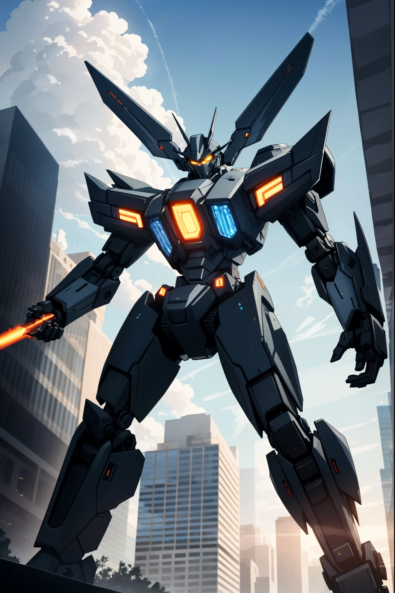 sky, cloud, holding_weapon, no_humans, glowing, , robot, building, glowing_eyes, mecha, science_fiction, city, realistic,mecha