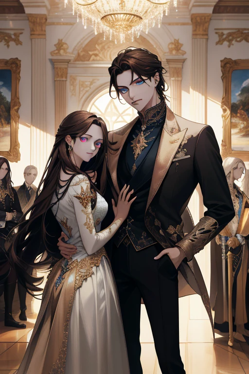 (absurd, high resolution, ultra detailed), When I noticed a painting on the wall.
It was a portrait of my family.
Zephyr stood beside. Valendrya. Her Dark hair and golden eyes highly resembled me. 
I stood in front of her With Valsendrake and Icarus standing beside me. 
painting