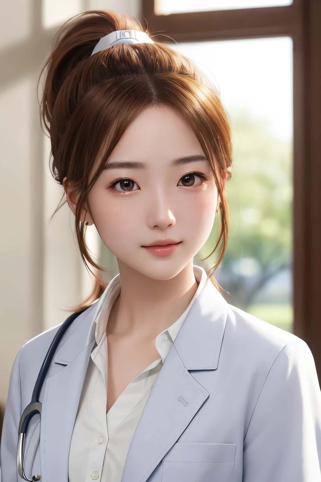 Ultra-high resolution、masterpiece、highest quality、
Highly detailed face、Detailed eyes、Very difficult、、perfect glowing skin、Perfect lighting、Detailed lighting、Dramatic Shadows、Ray Tracing、、
1 girl、Ponytail hairstyle、Upper Body、Female doctor&#39;coat、White shirt、Looking at the audience、(smile:0.4)