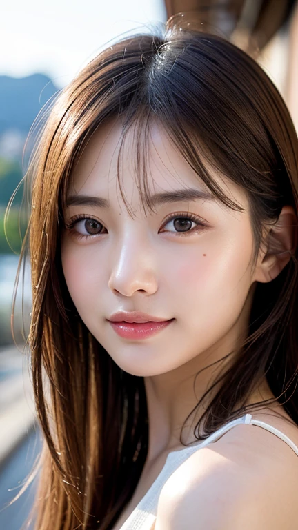 With the alleys of Kyoto in the background、18-year-old girl、independent、I'looking forward to it、Light eye makeup、Brown Hair Color、flat 、Hair blowing in the wind、Quality of actress、Shiny, Ultra-realistic faces、smileの表情、Watery eye、look up、Calming lighting effects、 Ultra-Realistic Capture、Very detailed、High resolution 16k human skin closeup。Skin texture must be natural、Must be so detailed that pores are visible、skin is healthy、Must be even tone、Use natural light and color、High quality photos taken by a modeling agency'Exclusive photographer、smile