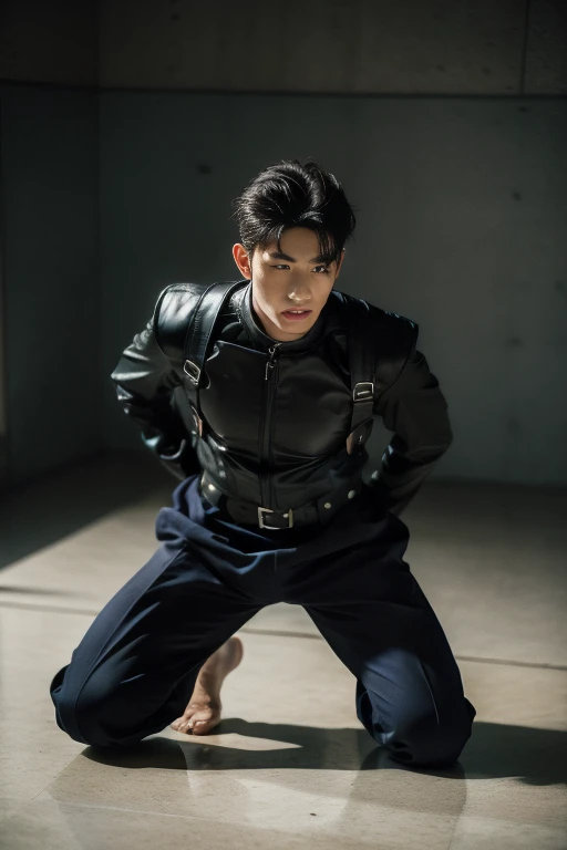 (handsome boy), full body view, atmospheric, ultra realistic, SWAT fighter, kneel, SWAT uniform , sexy , NSFW , eroticism , seductive , micro thong , bare thighs  , torture platform 