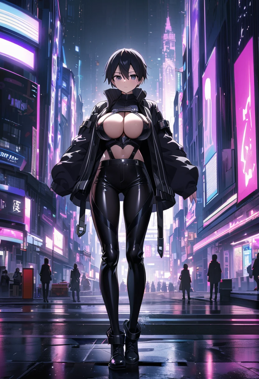 Kirito, , 黑剑 purple eyes 黑長髮 big breasts breast enlargement , black overthrown Jacket, black trousers, Full-body shot of a person standing alone in a sci-fi city