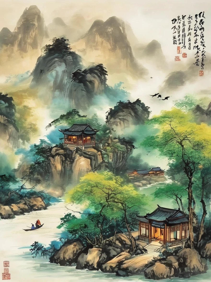 Qiman.and,  a river，There is a boat in the water，There is an island on the mountain, Ink Painting, Chinese, 