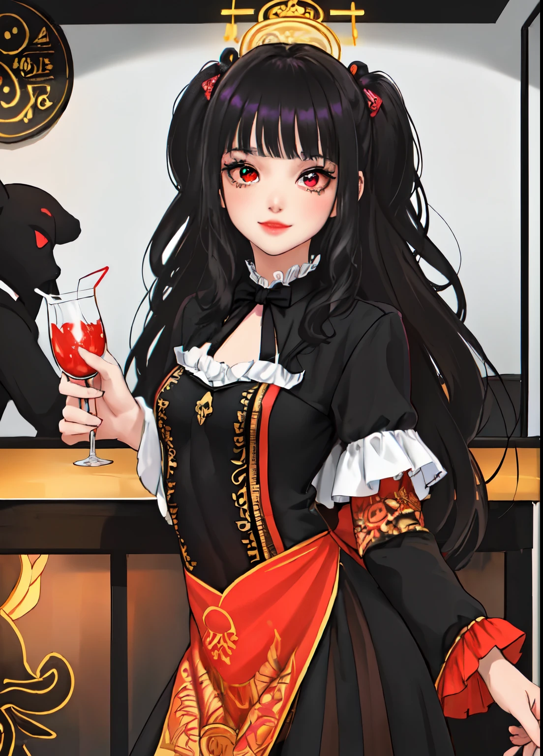 1 dama de pie, (holding up copa de coctel) (presenting copa de coctel toward viewers), barman, (chaleco negro sobre camisa de vestir blanca), (Ojos rojos), atar, traje elegante, mujer madura, /(pelo largo negro con flequillo /), (Orejas de garo), sonrisa amable, (Obra Maestra Mejor Calidad:1.2) ultra detailed delicate illustration, pechos medianos DESCANSO ((Colorful neon signs:1.2 en la pared), (neon tube) resplandeciente descanso (barra de bar de moda) adentro, ((copa de coctel) lleno de licor colorido), (dimly lit room), Botellas de licor, antecedentes detallados