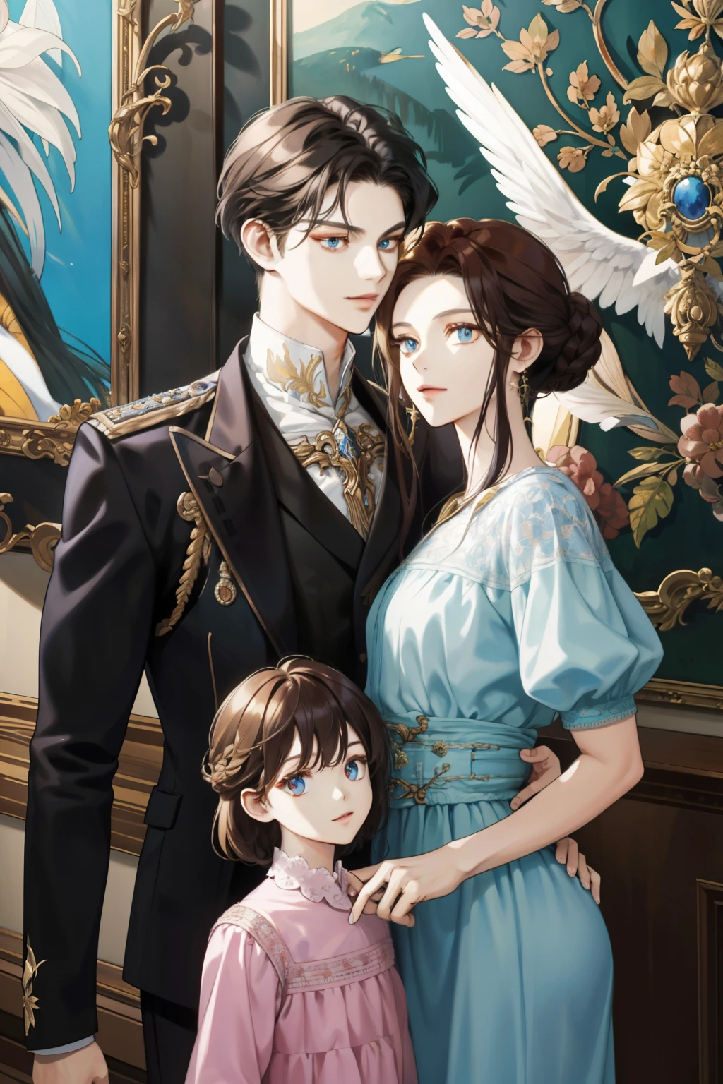 (absurd, high resolution, ultra detailed), When I noticed a painting on the wall.
It was a portrait of my family.
Zephyr stood beside. Valendrya. Her Dark hair and golden eyes highly resembled me. 
I stood in front of her With Valsendrake and Icarus standing beside me. 
painting