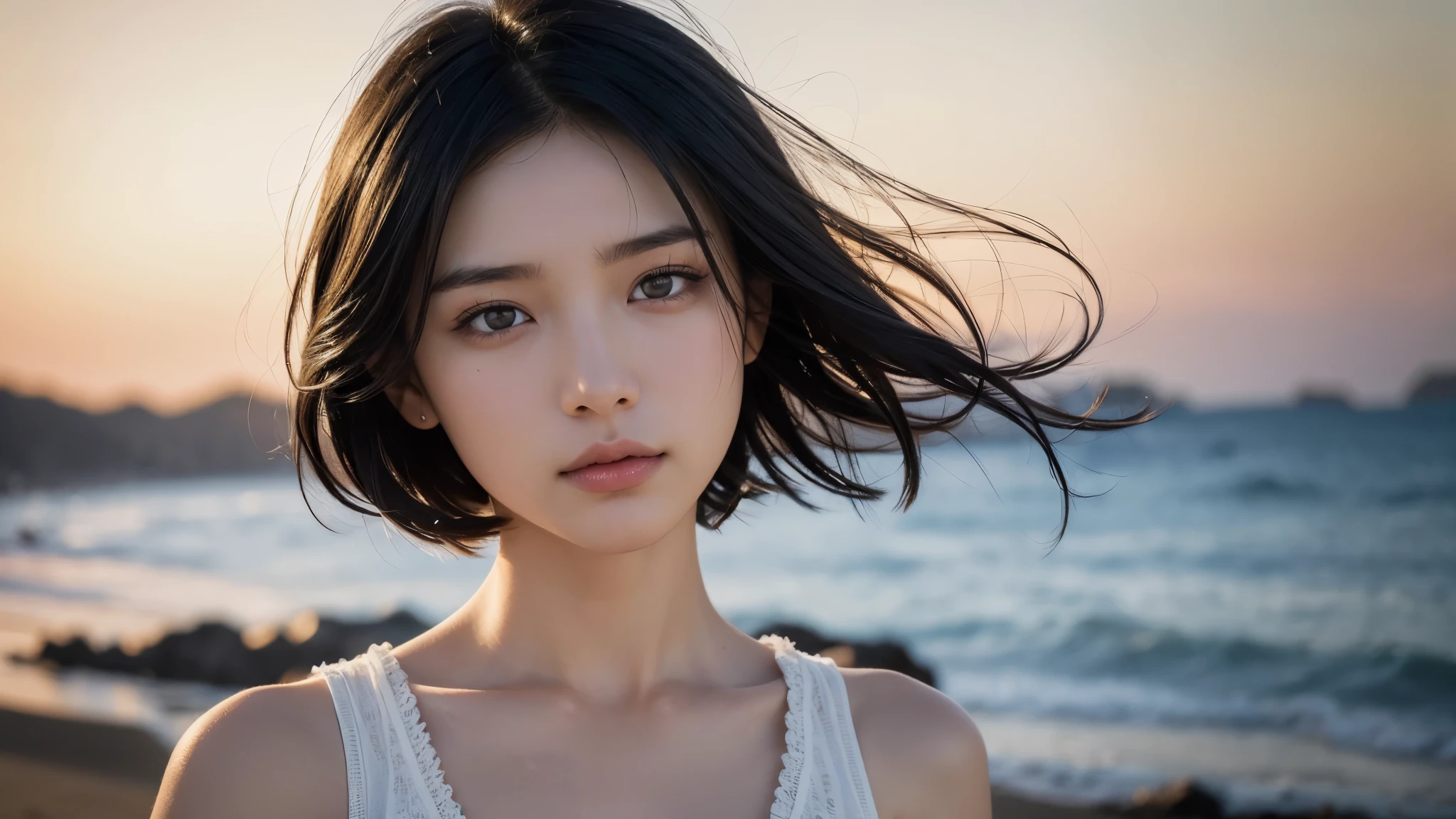 , blown by the long wind [Blue-black:.3] hair,looking at the viewer, (masterpiece:1.3), (8K, realistic, Raw photo, highest quality: 1.4), Japanese, (1 girl), beautiful face, (realistic face), (black hair, short hair:1.3), beautiful hairstyle, realistic eyes, detailed and beautiful eyes, (realistic skin), beautiful skin, Charm, ultra high resolution, surreal, very detailed, golden ratio,