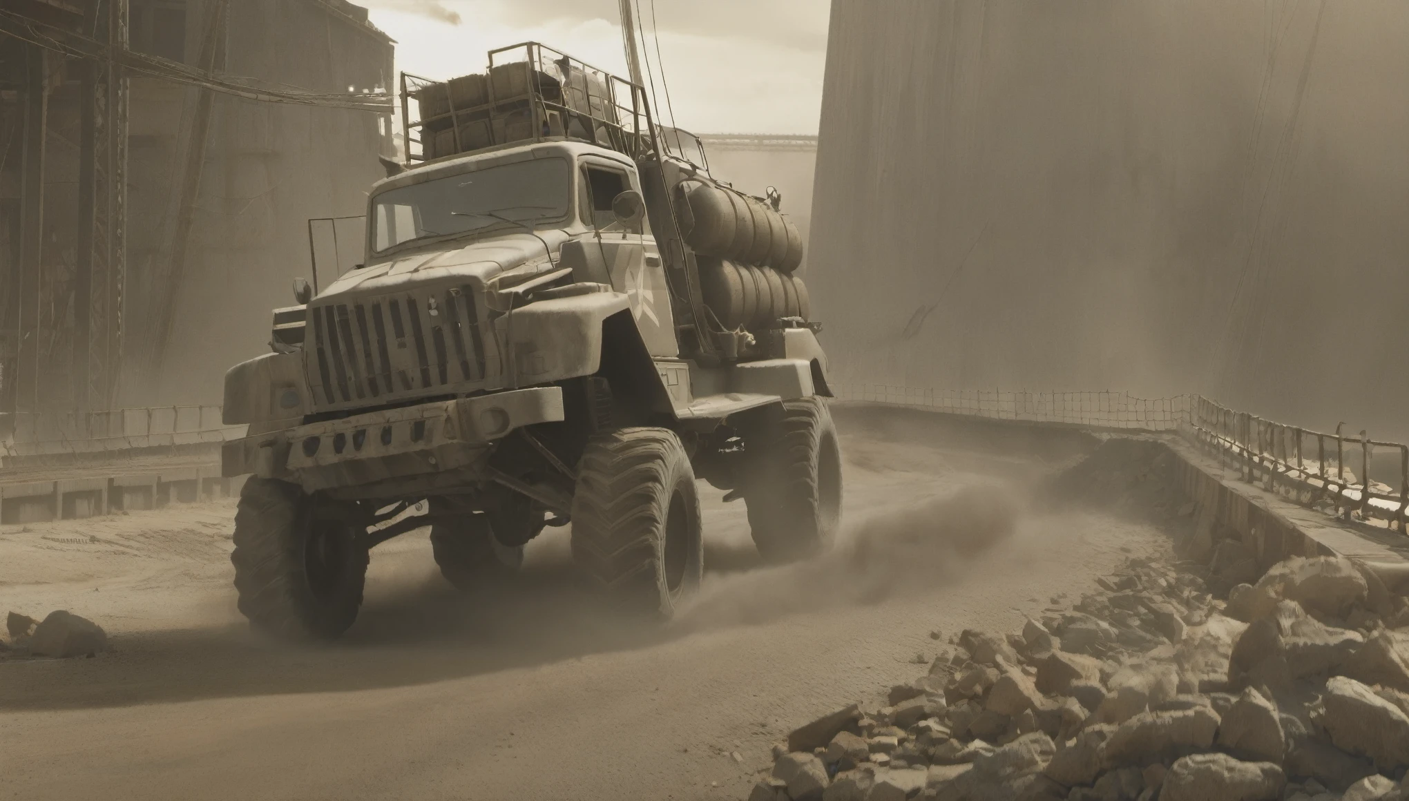 Breathtaking graphics from the Attack on Titan universe, filming of various epic empty tracks for racing along rocky abandoned industrial post-apocalyptic roads on small cars from Mad Max against the backdrop of an abandoned large bridge and rocky terrain near industrial enterprises, creating an impression, that orcs live in this place, (column of smoke), breathtaking scenery, and impressive lighting effects, which create impressive visual horror experiences, (massive armored car with huge wheels)