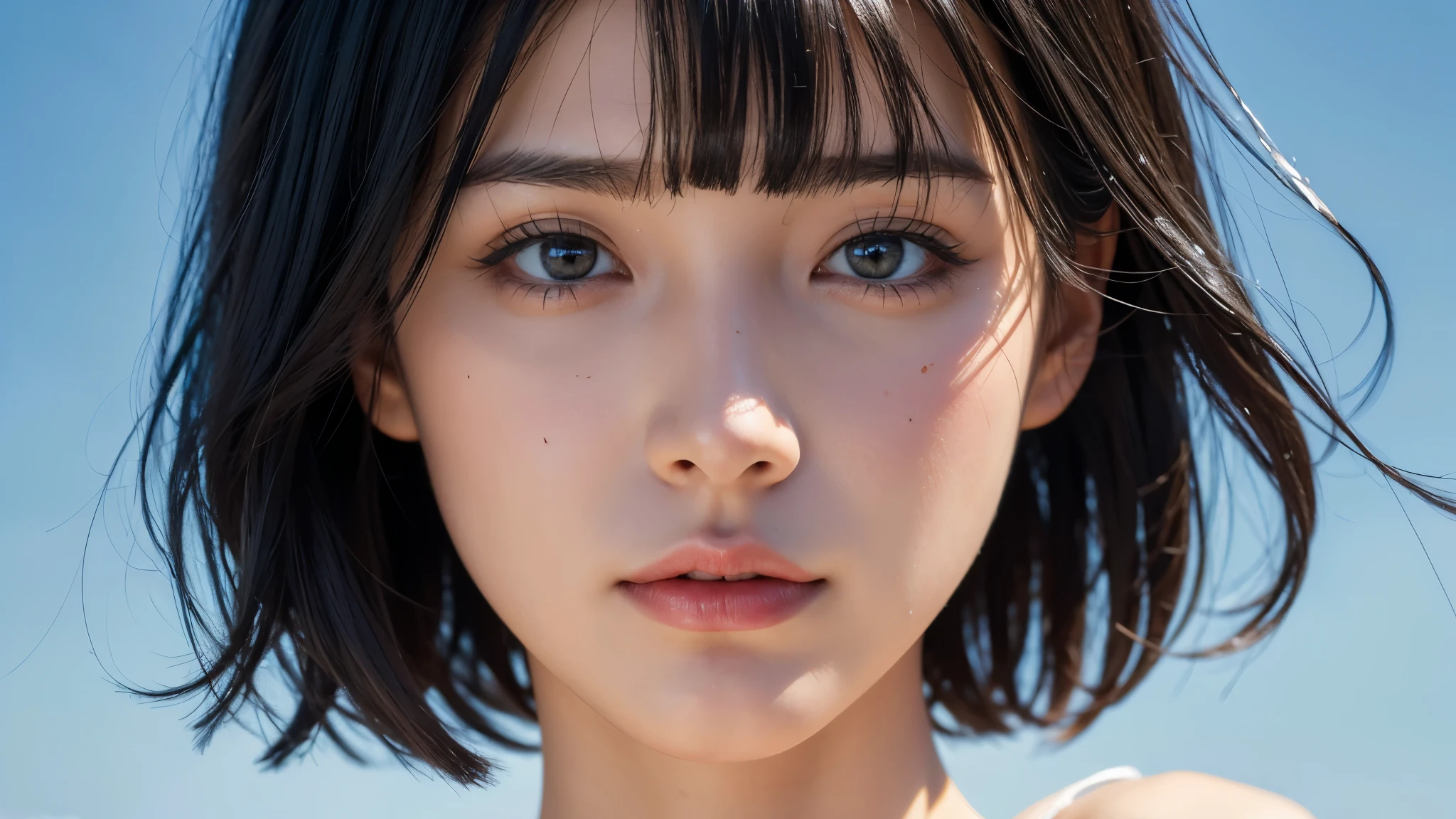 , blown by the long wind [Blue-black:.3] hair,looking at the viewer, (masterpiece:1.3), (8K, realistic, Raw photo, highest quality: 1.4), Japanese, (1 girl), beautiful face, (realistic face), (black hair, short hair:1.3), beautiful hairstyle, realistic eyes, detailed and beautiful eyes, (realistic skin), beautiful skin, Charm, ultra high resolution, surreal, very detailed, golden ratio,