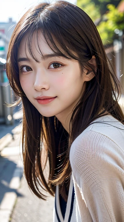 With the alleys of Kyoto in the background、18-year-old girl、independent、I'm looking forward to、Light eye makeup、Brown Hair Color、flat 、Hair blowing in the wind、Quality of actress、Shiny, Ultra-realistic faces、smileの表情、Watery eye、look up、Calming lighting effects、 Ultra-Realistic Capture、Very detailed、High resolution 16k human skin closeup。Skin texture must be natural、Must be so detailed that pores are visible、skin is healthy、Must be an even tone、Use natural light and color、High quality photos taken by a modeling agency'Exclusive photographer、smile