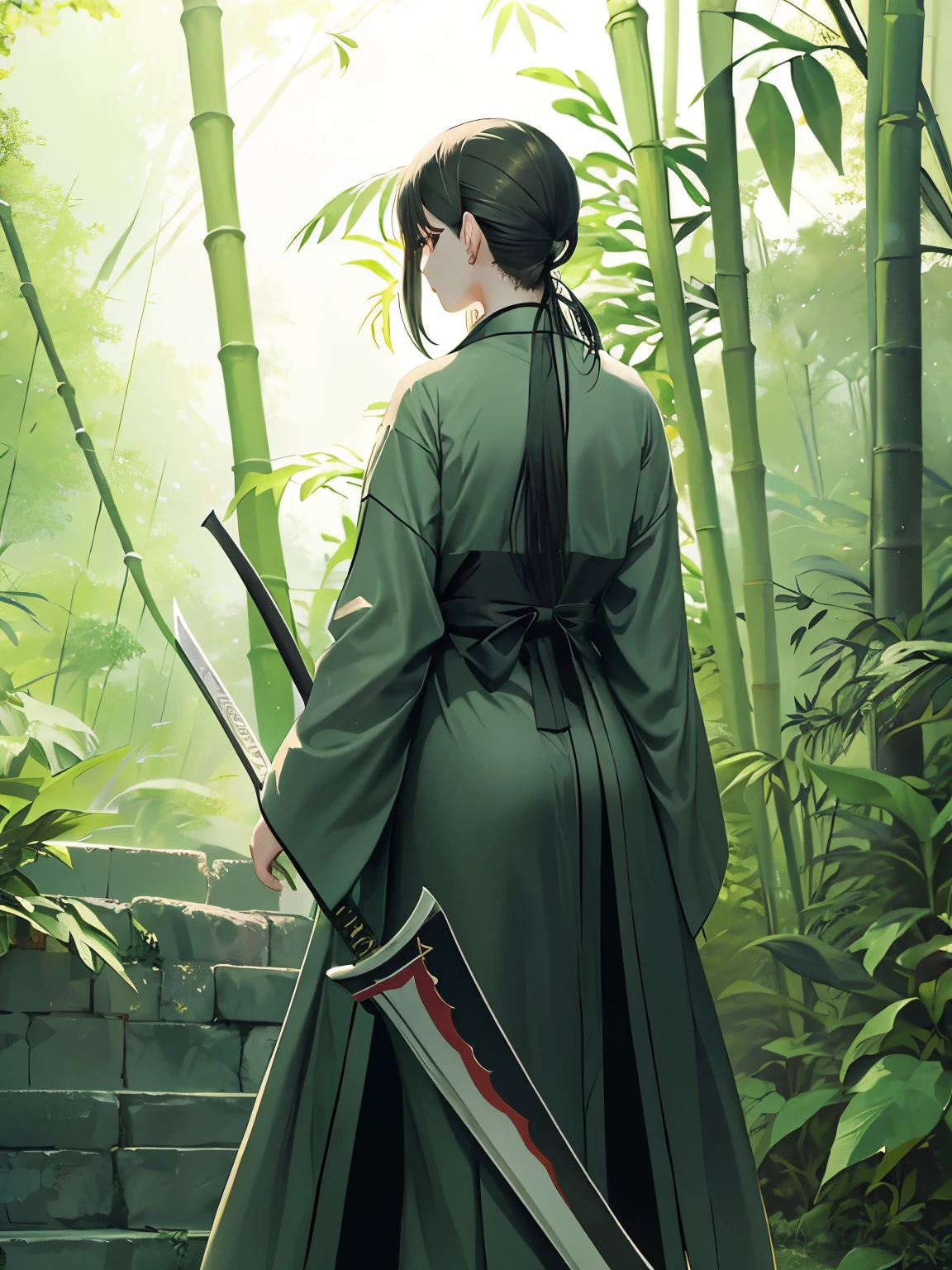 Solo, 1 warriores, hanfu robe, girl, serious face, looking back, with black hair, low ponytail, standing in jungle, view from back, she is looking at back, holding two swords, red jade bangle on hand, chinese hanfu clothes, green hanfu clothes, bamboo pattern clothes, sword with design, black sword with flower design, white sword, Chinese theme, bamboo forest at background,
