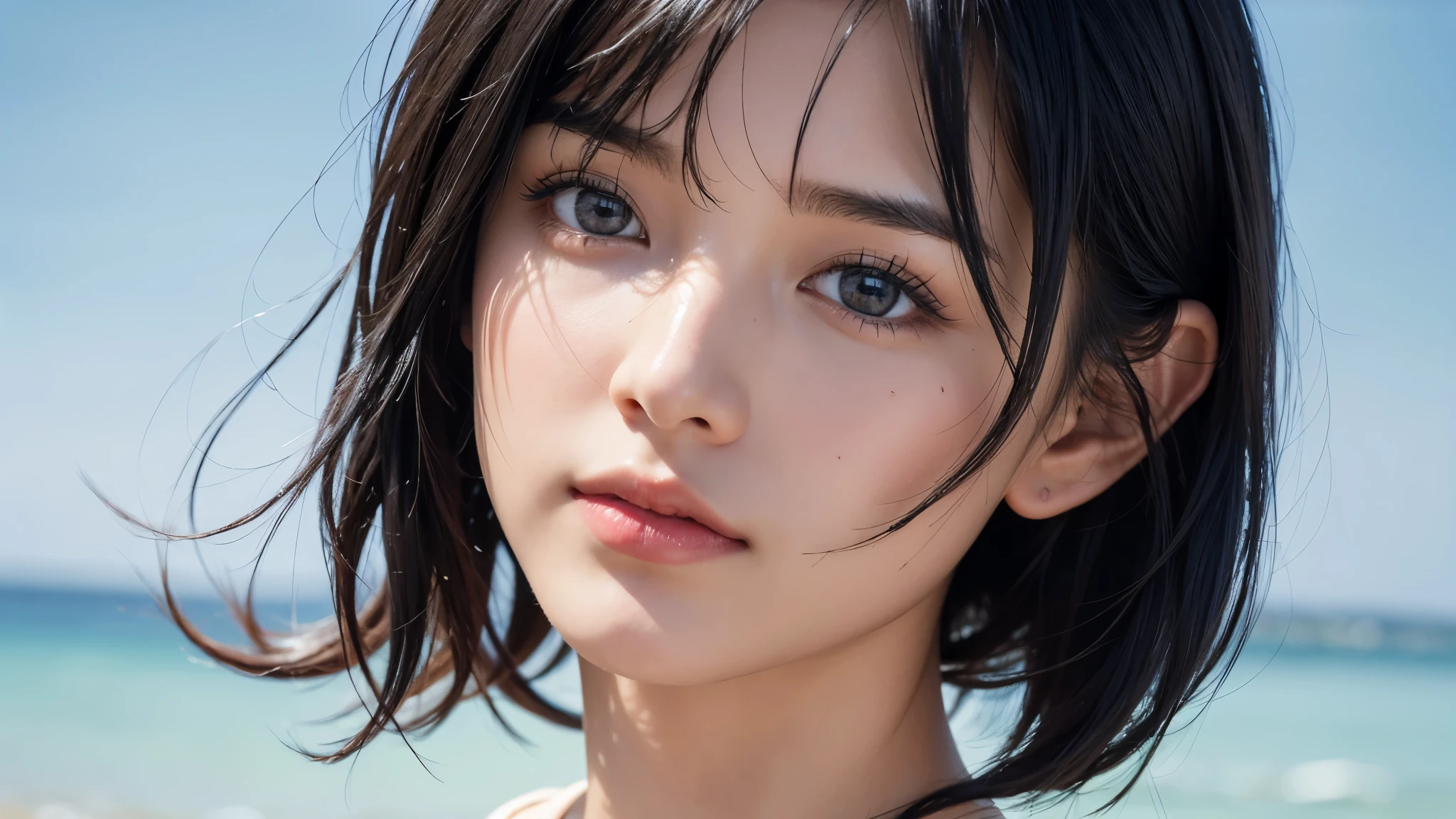 , blown by the long wind [Blue-black:.3] hair,looking at the viewer, (masterpiece:1.3), (8K, realistic, Raw photo, highest quality: 1.4), Japanese, (1 girl), beautiful face, (realistic face), (black hair, short hair:1.3), beautiful hairstyle, realistic eyes, detailed and beautiful eyes, (realistic skin), beautiful skin, Charm, ultra high resolution, surreal, very detailed, golden ratio,