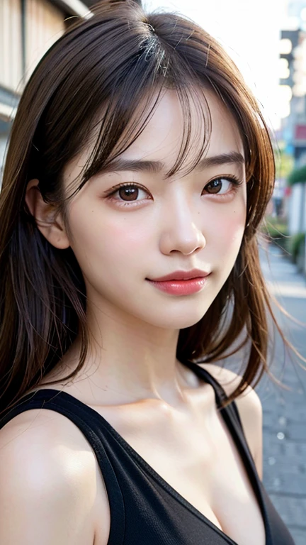 With the alleys of Kyoto in the background、18-year-old girl、independent、I&#39;looking forward to it、Light eye makeup、Brown Hair Color、flat 、Hair blowing in the wind、Quality of actress、Shiny, Ultra-realistic faces、smileの表情、Watery eye、look up、Calming lighting effects、 Ultra-Realistic Capture、Very detailed、High resolution 16k human skin closeup。Skin texture must be natural、Must be so detailed that pores are visible、skin is healthy、Must be even tone、Use natural light and color、High quality photos taken by a modeling agency&#39;Exclusive photographer、smile