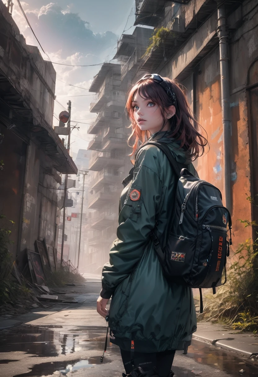 1girl, Post-Apocalyptic Wasteland, I invoke The World!(best quality,4k,8k,highres,masterpiece:1.2),ultra-detailed,(realistic,photorealistic,photo-realistic:1.37), HDR, UHD, studio lighting,ultra-fine painting,sharp focus,physically-based rendering,extreme detail description,professional,vivid colors,bokeh, portraits,landscape,horror,anime,sci-fi,photography,concept artists, desolate city ruins,dystopian atmosphere,dramatic lighting,thick smoke,abandoned vehicles,crumbling buildings,decaying infrastructure,overgrown vegetation,barren landscape,distant mountains,ruins of the past,wandering girl,courageous and determined expression,protective clothing,carrying a survival backpack,armed with a makeshift weapon,scavenging for resources,searching for signs of life,unforgiving sky,piercing winds,tall grass swaying,ominous dark clouds,red dust swirling,harsh sunlight casting long shadows,cracked pavement,earth-toned color palette,dilapidated and rusted metal structures,overturned cars,fading graffiti,desolation and despair in her eyes, nature reclaiming what was once a thriving city,chaotic mix of destruction and beauty,majestic and haunting, a world on the brink of collapse.