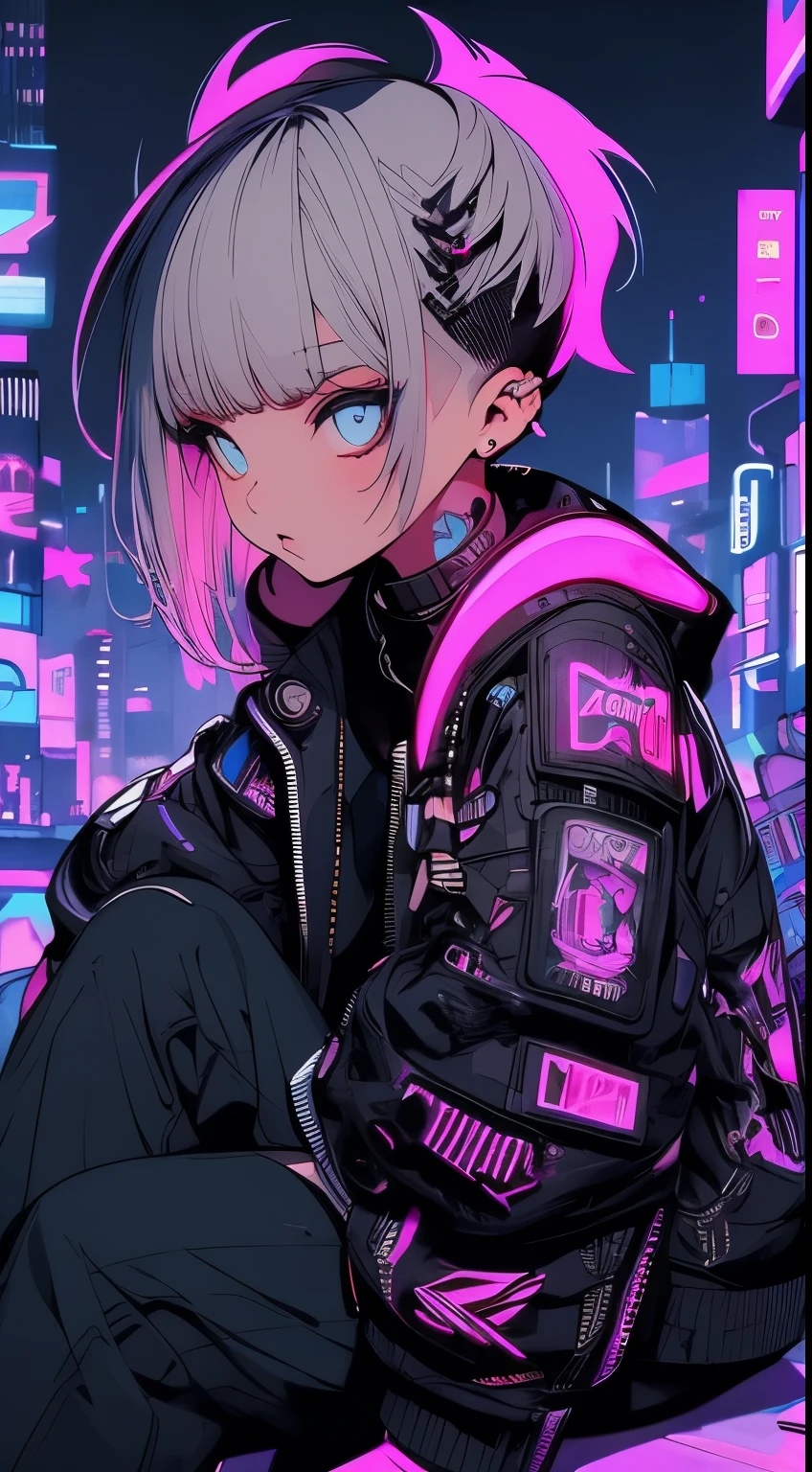 girl, Gray Hair, Cool black open short jacket, tattoo, Messy fade cut hair, crazy, Sitting pose, Futuristic neon night city background,