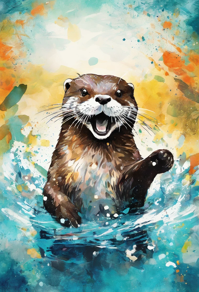 Joyful spontaneous excited otter (mischievous expression), playful playful sparkling look, posture jeu avec une truite, splashing, fond soleil d'été rayonnant (catch a trout in a lake) ::2 colorful ink painting ::2 art fantasy