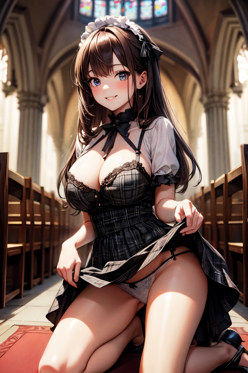 very cute and beautiful girl,(highly detailed beautiful face and eyes), (smile),blush,black hair,cowboy shot,looking at viewer,kneeling, (elegant brown plaid ta dress with detailed frills),detailed lace,(skirt lift,white panties), altar,church,indoors, (best quality,masterpiece:1.0),absurdres,highres,ultra-detailed,extremely detailed,32k,8k resolution, intricate details,cinematic scene,detailed background,solo,dynamic angle,