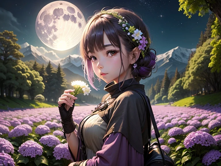 Energy Art、full moon、Moss phlox in full bloom、mysterious、Fantasy