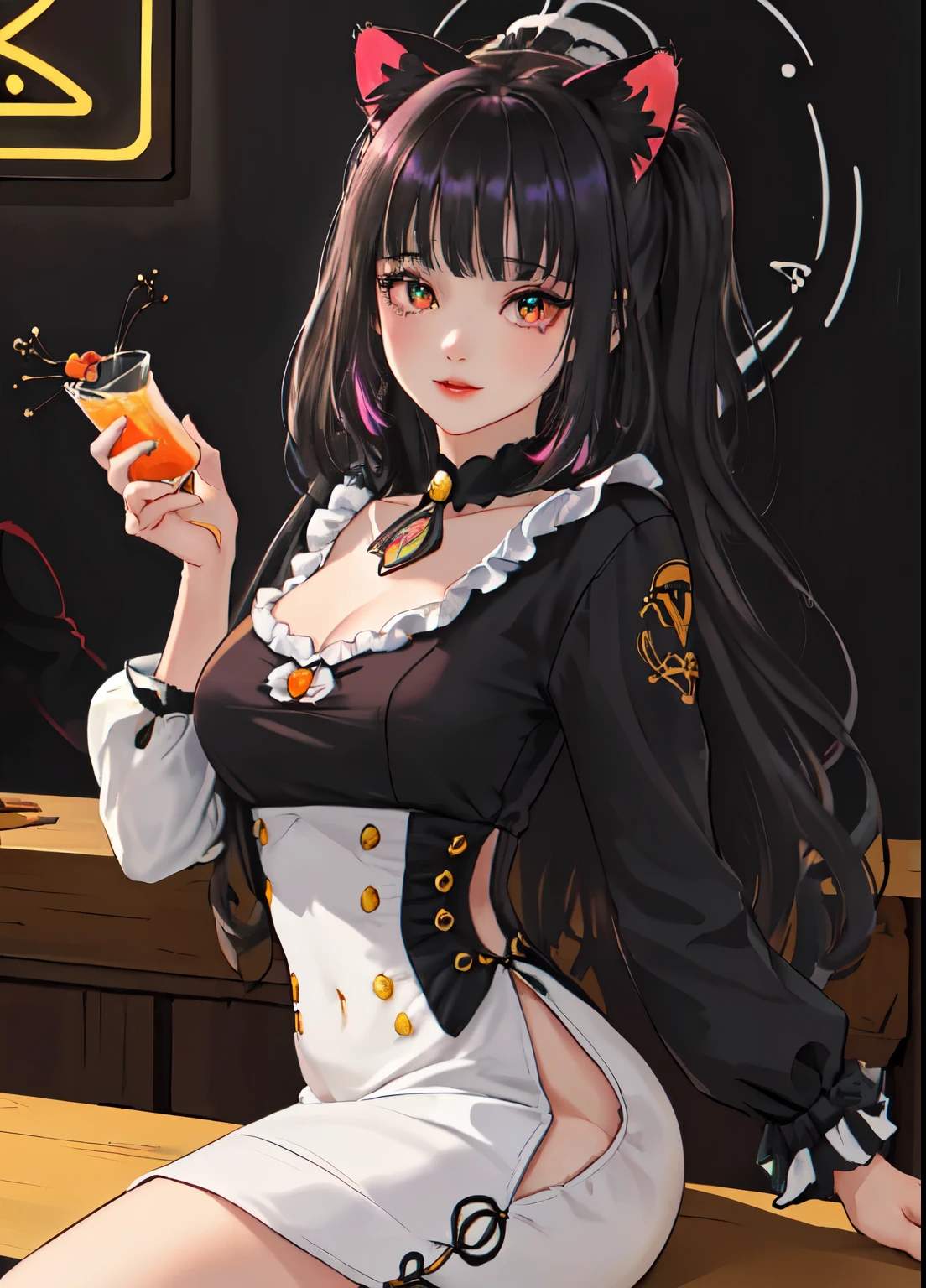 1 dama de pie, (holding up copa de coctel) (presenting copa de coctel toward viewers), barman, (chaleco negro sobre camisa de vestir blanca), (Ojos rojos), atar, traje elegante, mujer madura, /(pelo largo negro con flequillo /), (Orejas de garo), sonrisa amable, (Obra Maestra Mejor Calidad:1.2) ultra detailed delicate illustration, pechos medianos DESCANSO ((Colorful neon signs:1.2 en la pared), (neon tube) resplandeciente descanso (barra de bar de moda) adentro, ((copa de coctel) lleno de licor colorido), (dimly lit room), Botellas de licor, antecedentes detallados, ((orejas de gato))