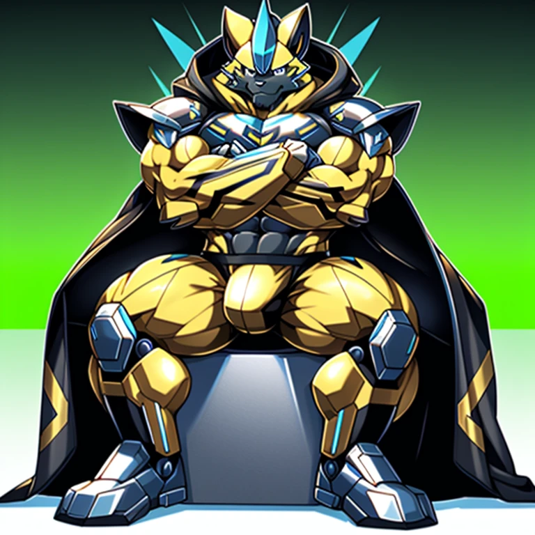 (masterpiece, best quality, detailed:1.2)
(Pokémon)
detailed full body,
zeraora,
full body,
Protecting Zeraora's design and color scheme.
Furry Heroes,
Main is yellow
Wearing cyberpunk mecha,
Wearing full plate armor
Its full plate armor emphasizes the muscles.
mechs,
a knight's mechanical armor,
glowing wide and heavy armor,
He wears the same armor as himself from head to foot.
a furry hero whose presence inspires trust and respect.
super hero, hero, bodysuit,
big muscle (pecs, triceps, traps)
unusually developed muscular body,
body full of huge muscles.
showing off muscles,
pectorales enormes.
Exaggeratedly huge muscles.
bulge in the crotch, wears a small black string thong that reveals huge, muscular thighs. (metallic color: jet black thong)
also have a cloak on my back.
The cloak is black.
The cloak is so long that it touches the ground,
wearing a dark bodysuit underneath,
crossed arms.
looking down at the other person.
stepping on the enemy.
sitting on the throne,