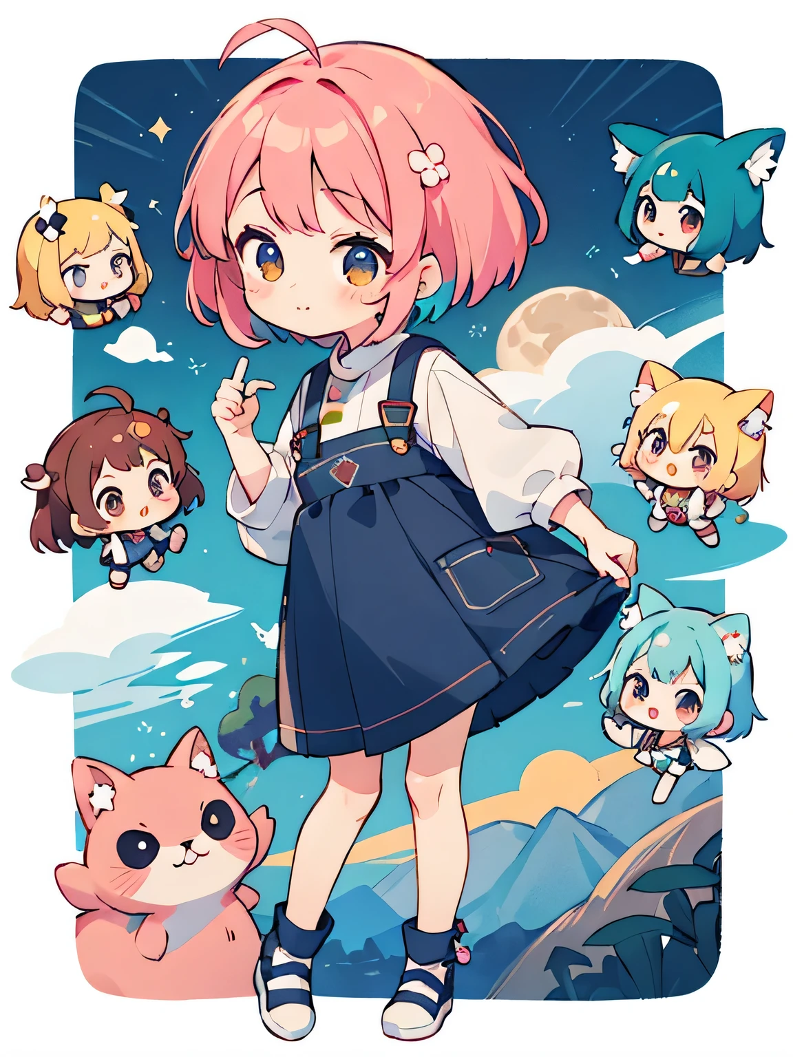 Momoko Sakura style, Kawaii Design, (((10 people)))、most beautiful girl ever、Chibi, Colorful bob hair、((Lots of friends))、Travel to the moon together