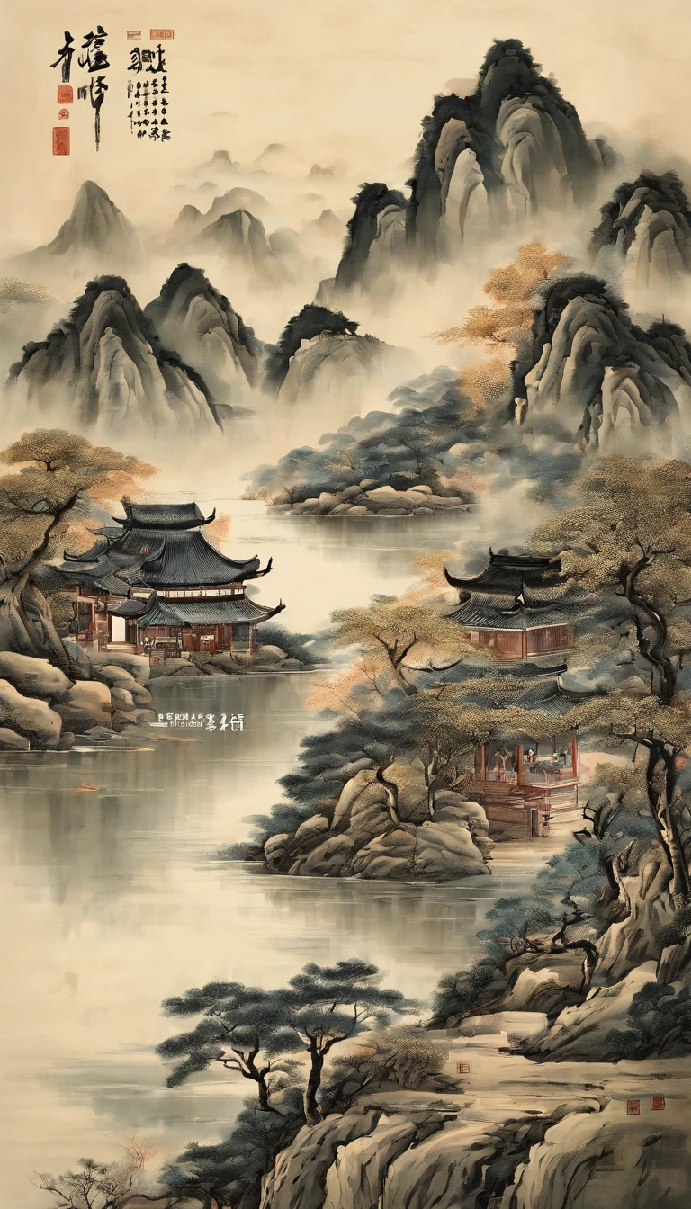 A mountain painting with a river and a village, Chinese painting style, Inspired by Huang Binhong, 传统Chinese Ink Painting, Chinese Ink Painting, Traditional Chinese painting, Traditional Chinese Art, inspired by Zhang Shunzi, Chinese scenery, Chinese Ink Painting, Chinese painting, Inspired by Wang Shishen, Inspired by Zhang Daqian, Gold plated calligraphy font printed on top