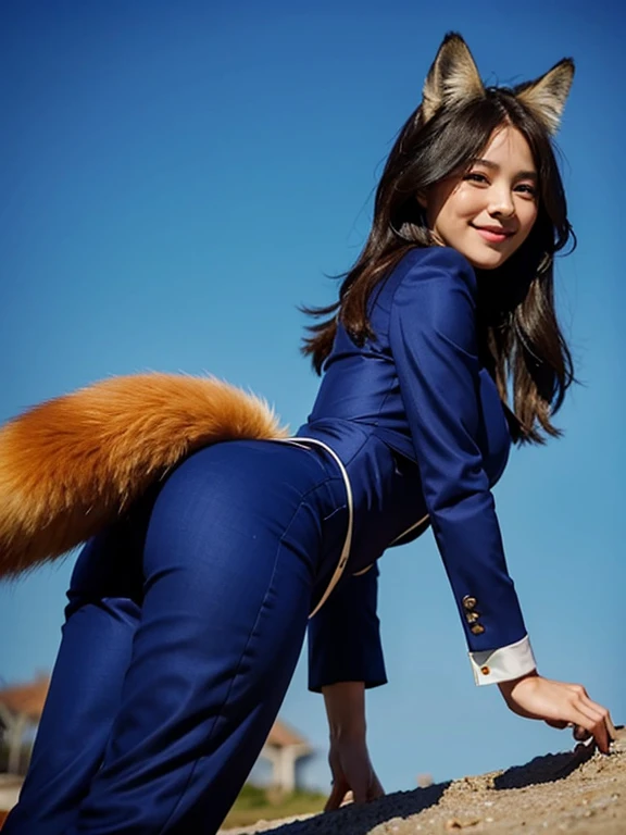 ((highest quality, 32k)), ((masterpiece)), (Familiar), Perfect Face, Fox Girl, Beautiful woman, public, Has a tail, She has a fluffy tail, She has a red fox&#39;s tail., She wags her tail, smile, bell collar, She is wearing a pantsuit, Beautiful Hips, Big Breasts, Big tail, A tail sticking out from a pantsuit, she turns around