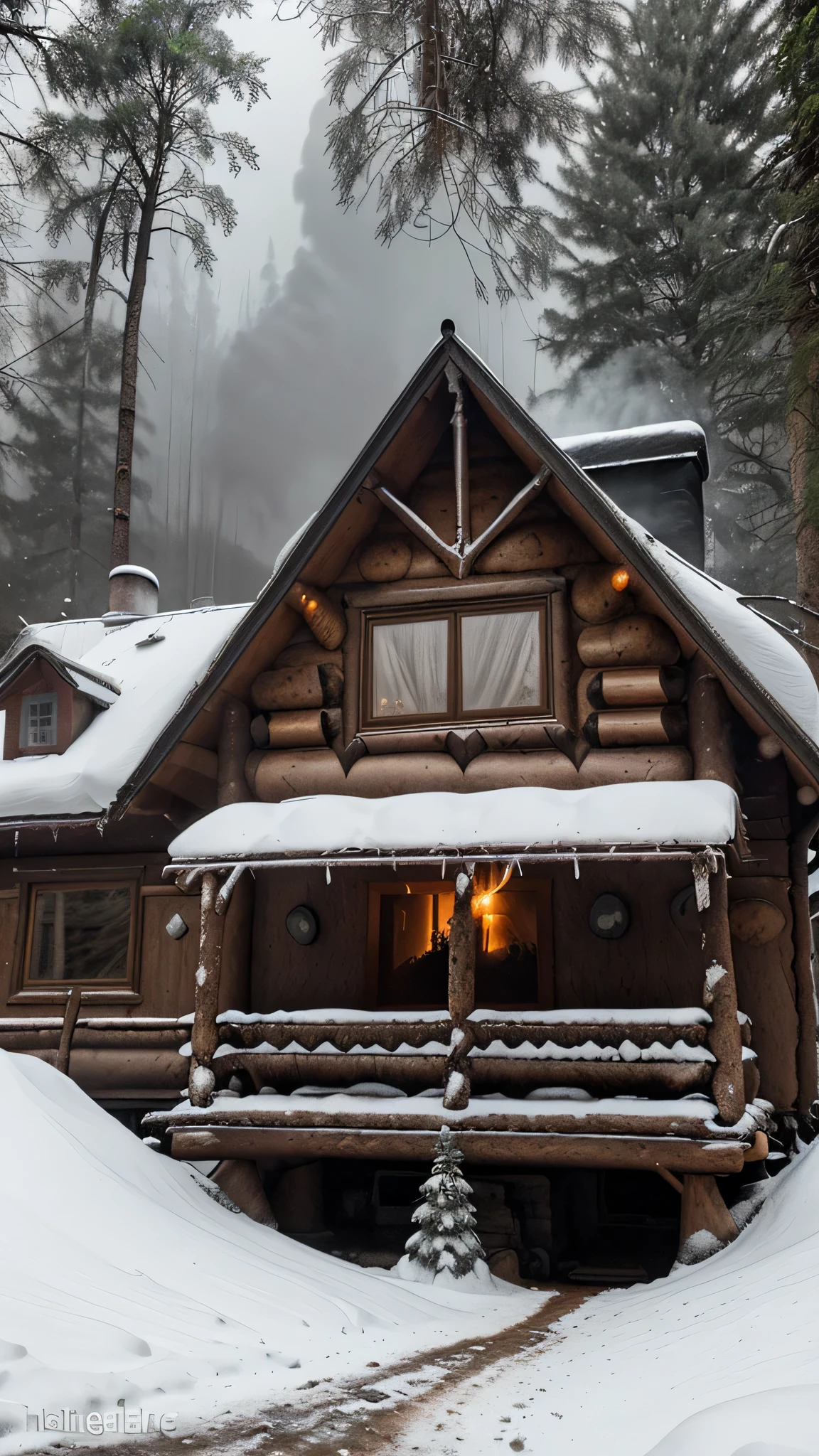 forest hut,traditional russian dacha,Dark and cozy interior,smoke comes out of the chimney,wooden logs, folded outside,brightly lit windows,thick snow, covering the earth,Frozen icicles, hanging from the roof,the smell of burning wood,Quiet and peaceful environment