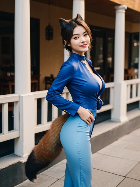 ((highest quality, 32k)), ((masterpiece)), (Familiar), Perfect Face, Fox Girl, Beautiful woman, public, Has a tail, She has a fluffy tail, She has a red fox's tail., She wags her tail, smile, bell collar, She is wearing a pantsuit, Beautiful Hips, Big Breasts, Big tail, A tail sticks out from under his pants, she turns around