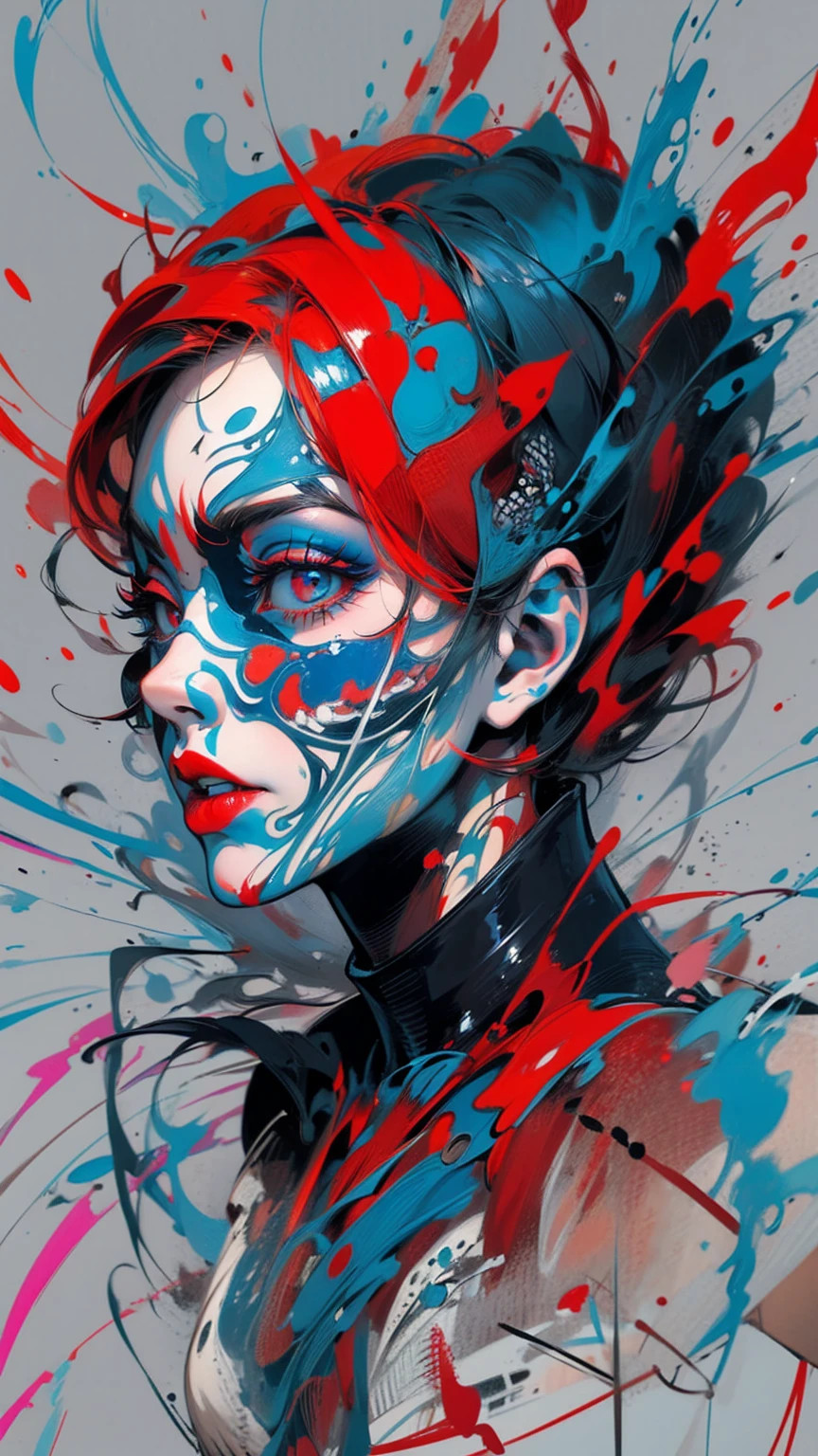 (masterpiece, High resolution, highest quality), Skull face and short hair, Avant-garde makeup, Fashion pose, fashionable, Off the shoulder, Black bodysuit, large claws;, Disorganized, Red and blue swirl, abstract design, artistic juxtapositions, High contrast, mixed-media approach, Anime Style, Simple lines, Digital Painting,