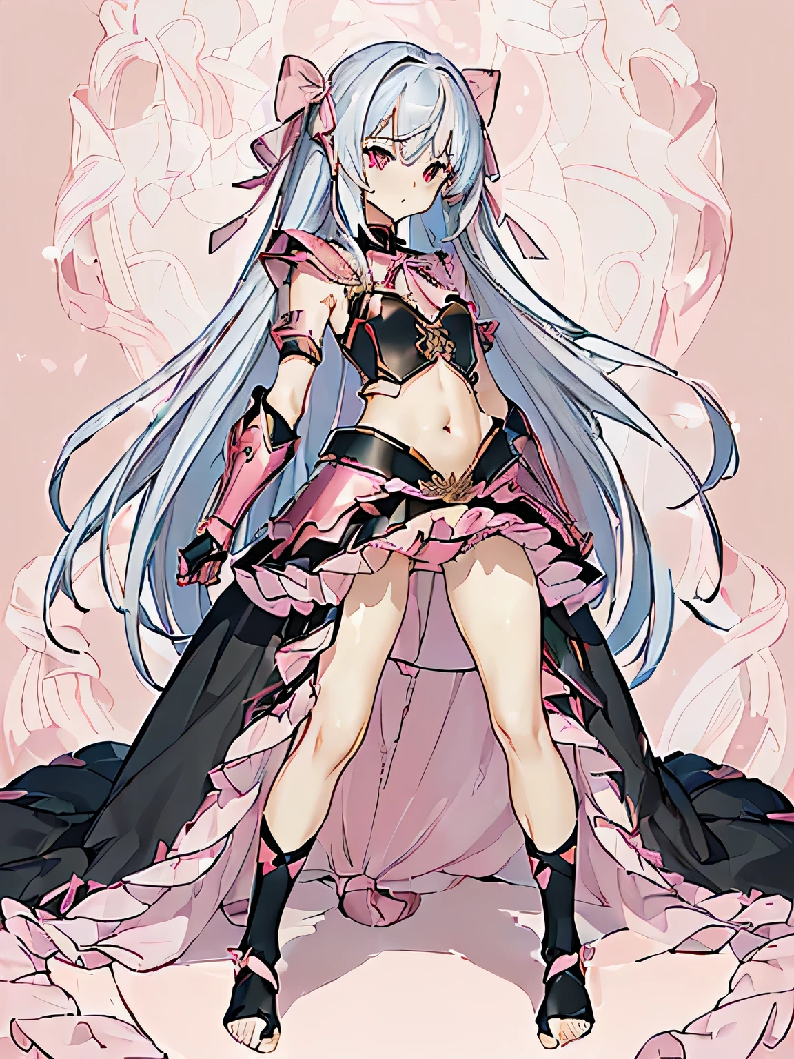 Amazing artwork from anime, Anime fantasy artwork, 4K Anime, (((Are standing,Not sitting,((beautiful girl,Red and black armor、Very slim figure,Very thin WAIST,Very thin feet,well-shaped chest,C Cup)),Red Eyes,((Armor is neck,shoulder,arm,Waist,3cm frill skirt,feet,(Pink Ribbon Panties,Panties are clearly visible))),Long Hair,Silver Hair,Red ribbon,I can see your belly,A red long sword in his right hand,Black wings behind,very long hair,Long Hair on the Sides, Embroidered Armor, Whole body visible