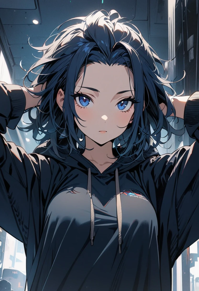 1 girl,Solo,front view from front facing viewer,medium hair,hair slicked back,dark blue eyes,Hands behind head, messy hair,(dark eyes),(cool girl),(Sharp blue eyes),(dark color),(Hoodie) masterpiece, best quality, high quality, detailed,medium-breasts