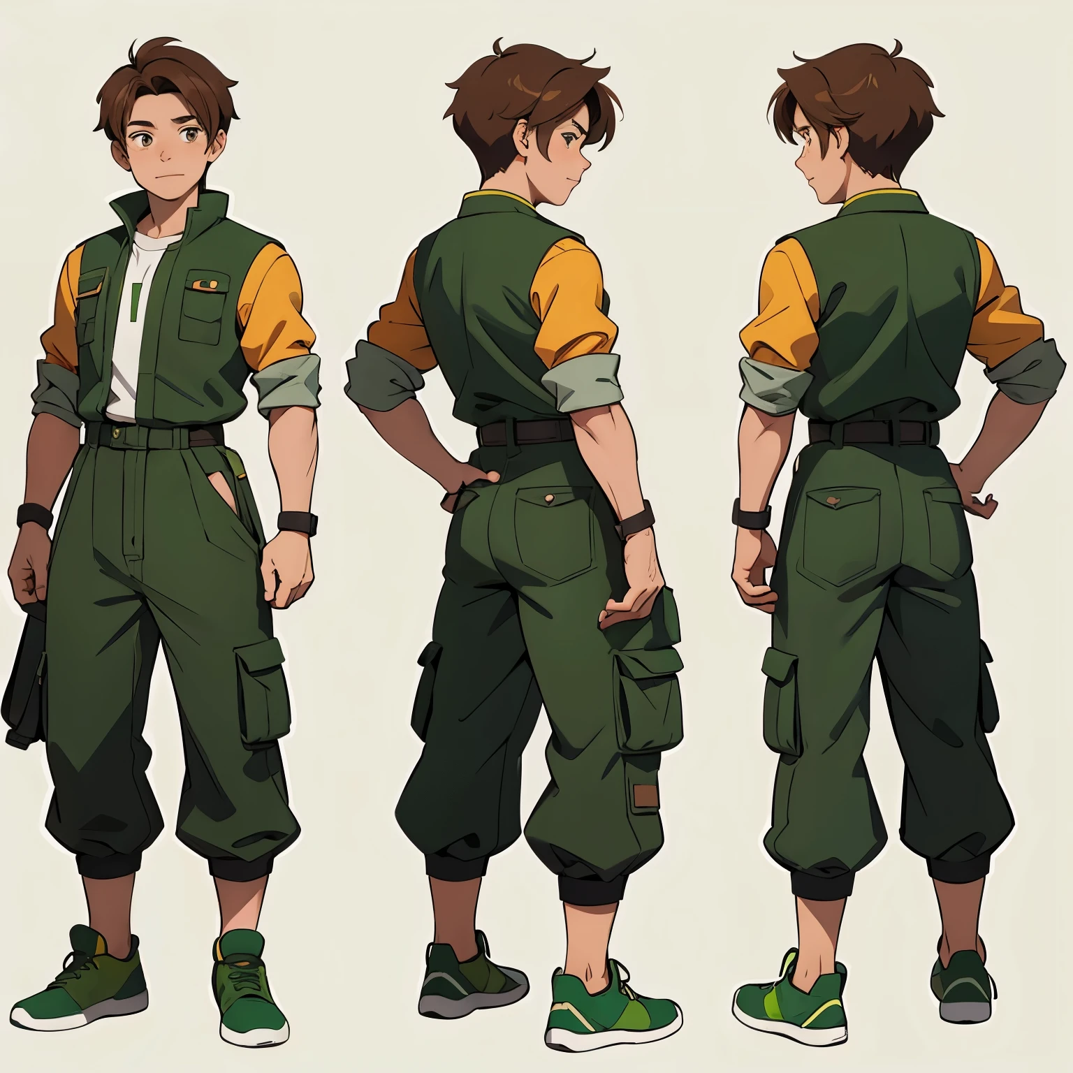 A fun and vibrant illustration of a cartoon boy with brown hair and green clothes. He is shown in multiple views, including front, side, and back, emphasizing his character base model