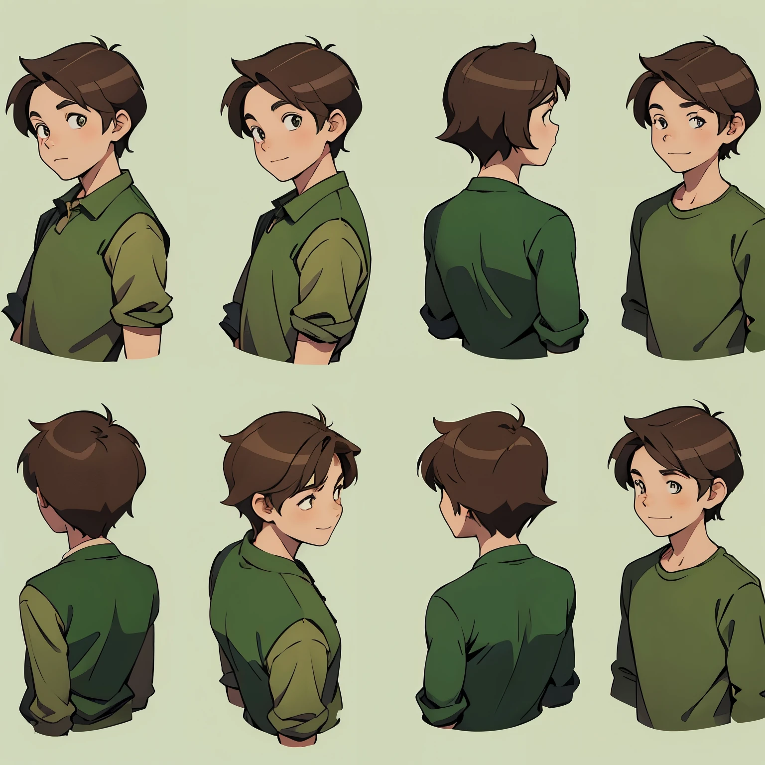 A fun and vibrant illustration of a cartoon boy with brown hair and green clothes. He is shown in multiple views, including front, side, and back, emphasizing his character base model