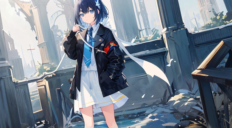 ((top-quality)), ((masterpiece)), ((ultra-detailliert)), (extremely delicate and beautiful), girl with, solo, cold attitude,((Black jacket)),She is very(relax)with the(Settled down)Looks,A dark-haired, depth of fields,evil smile,Bubble, under the water, Air bubble,bright light blue eyes,Inner color with light blue hair and dark blue tips,Cold background,Bob Hair - Linear Art, shortpants、knee high socks、White uniform like 、Light blue ribbon ties、Clothes are sheer、Hands in pockets、 Butterfly hair ornament、