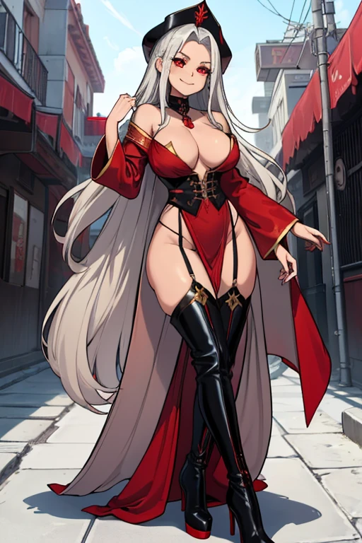 female, silver long hair, red eyes, tan skin, (((1girl))), (((red long robe with black accents))), (gold jewelry), (black thigh high heeled boots), (black skirt), (black panties), cute and sexy, large breasts, large butt, full body, long legs, smiling, cleavage, shoulders exposed