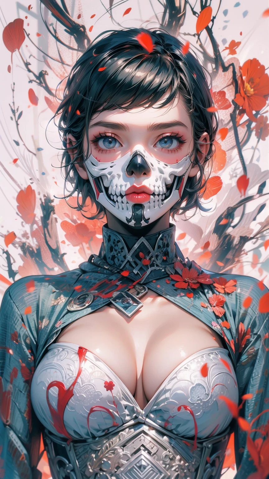 (masterpiece, High resolution, highest quality), 20-year-old woman, short hair, Skull Face Mask, Avant-garde makeup, Fashion pose, Off the shoulder, Black bodysuit, large claws;, Red High Heels, Vermilion and blue undulations, Disorganized, abstract design, artistic juxtapositions, High contrast, mixed-media approach, Anime Style, Simple lines, Digital Painting,