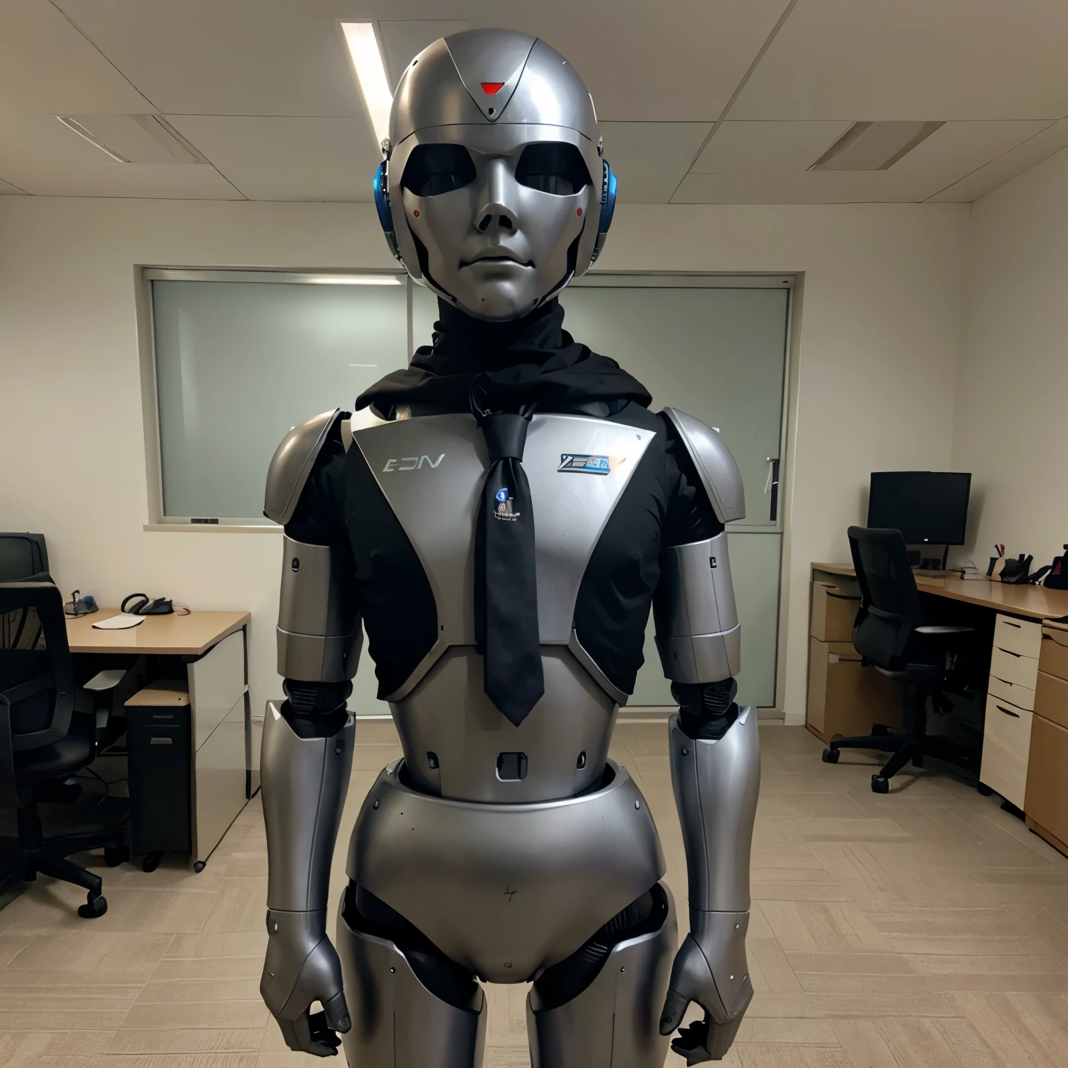 Humanoid robot in a tie in an office room, to herald the GPT chat revolution