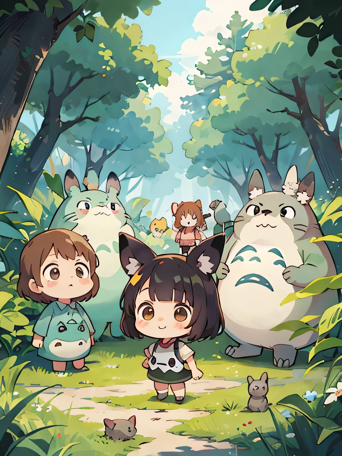 My Neighbor Totoro Style, Kawaii Design, (((10 people)))、most beautiful girl ever、Chibi, Colorful bob hair、((Lots of friends))、Totoro Forest
