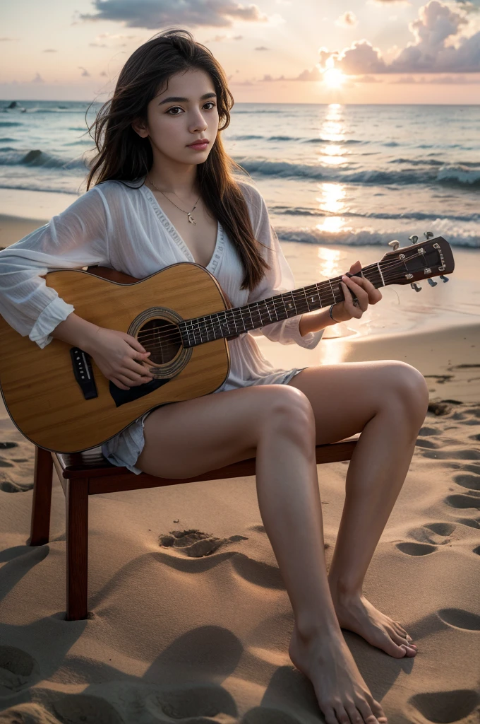 8k, highest quality, ultra details, hispanic girl, guitar, bohemian style, sunset beach, barefoot, carefree expression