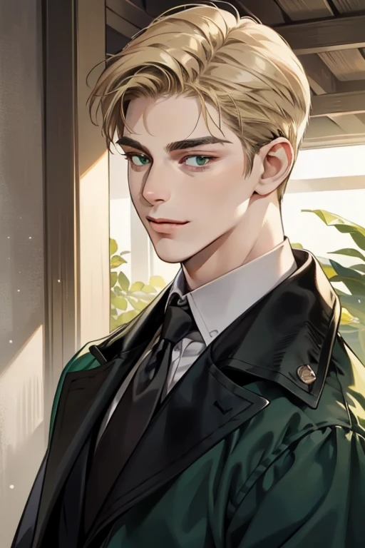 masterpiece, best quality, realistic, 1man, mature male, quiet and charming young man, 18 years old, smirk and look on the side, closed mouth, portrait, extremely detailed face, smirk, (dark green eyes), (short-side-swept sandy blonde hair)), [thick eyebrows], (detective clothing)