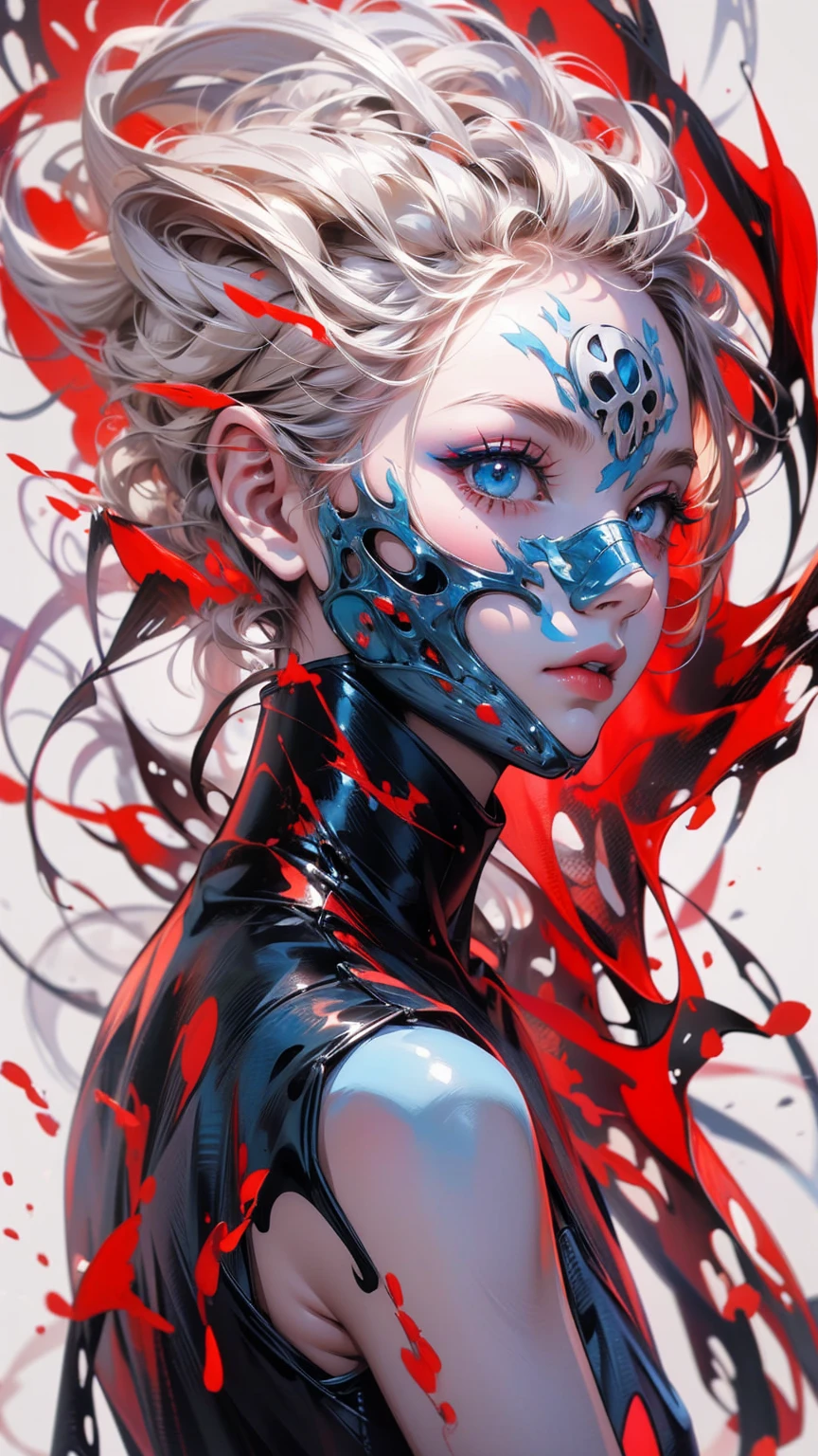 (masterpiece, High resolution, highest quality), 20-year-old woman, short hair, Skull Face Mask, Avant-garde makeup, Fashion pose, Off the shoulder, Black bodysuit, large claws;, Red High Heels, Vermilion and blue undulations, Disorganized, abstract design, artistic juxtapositions, High contrast, mixed-media approach, Anime Style, Simple lines, Digital Painting,