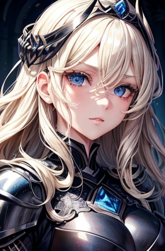 Curly blonde medium hair Blue Eyes An evil female overlord in black armor silver tiara Long eyelashes Lavish decoration