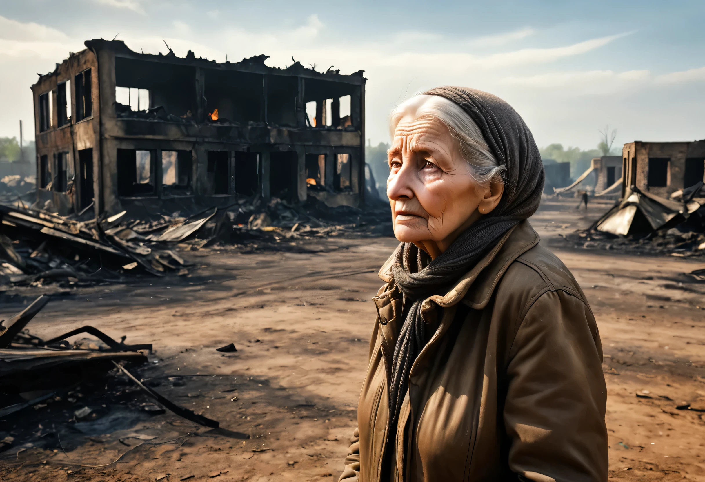 ((Wilderness Landscape Photography)),The wilderness spreads on one side,Remains of buildings,Burnt tree々,An old woman breaks down in tears in front of a burnt-out building:White:Wrinkled face:grandmother:70 years old,The World War is over,But the family members who died won&#39;t come back.,Feelings of despair,sorrow,pessimism,Longing,A scene from a movie,England,Moderately dirty,Survivors々Expressing relief and sorrow,I have to leave here soon.,farewell,hard,Photorealistic,Realistic texture,Realistic dirt,masterpiece,Intricate details,National Geographic,highest quality,Post-Apocalyptic Wasteland,Focus on the old woman,