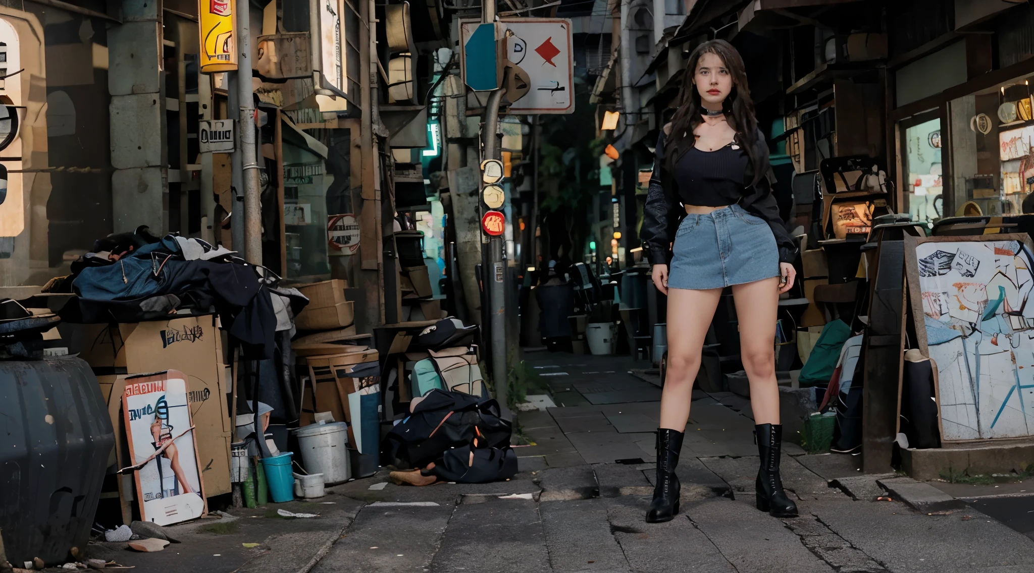 Garota loira de 19 anos, standing, ereta, standing on her feet, standingn, nua, seios nus, top menos, mamilos rosados, NSFW, muito bonita, athletic, cabelos loiros, olhos azuis, Red lips, faixa, usando short denim skirt, saia muito curta, pernas grossas, pernas bonitas, cintura estreita, abdome exposto, umbigo exposto, NSFW, botas de coxa de couro preto, saia denim curta, minissaia jeans, mini-saia, saia curta azul, cinto de couro preto, seios pequenos, mamilos rosados, pele de porcelana, The girl is wearing a black leather choker, the girl is wearing black leather boots, botas de coxa de couro preto, The girl is standing on a street in a cyberpunk city, cidade cyberpunk futurista, estilo blade runner, cena noturna, luzes da cidade, saia muito curta, micro-saia.