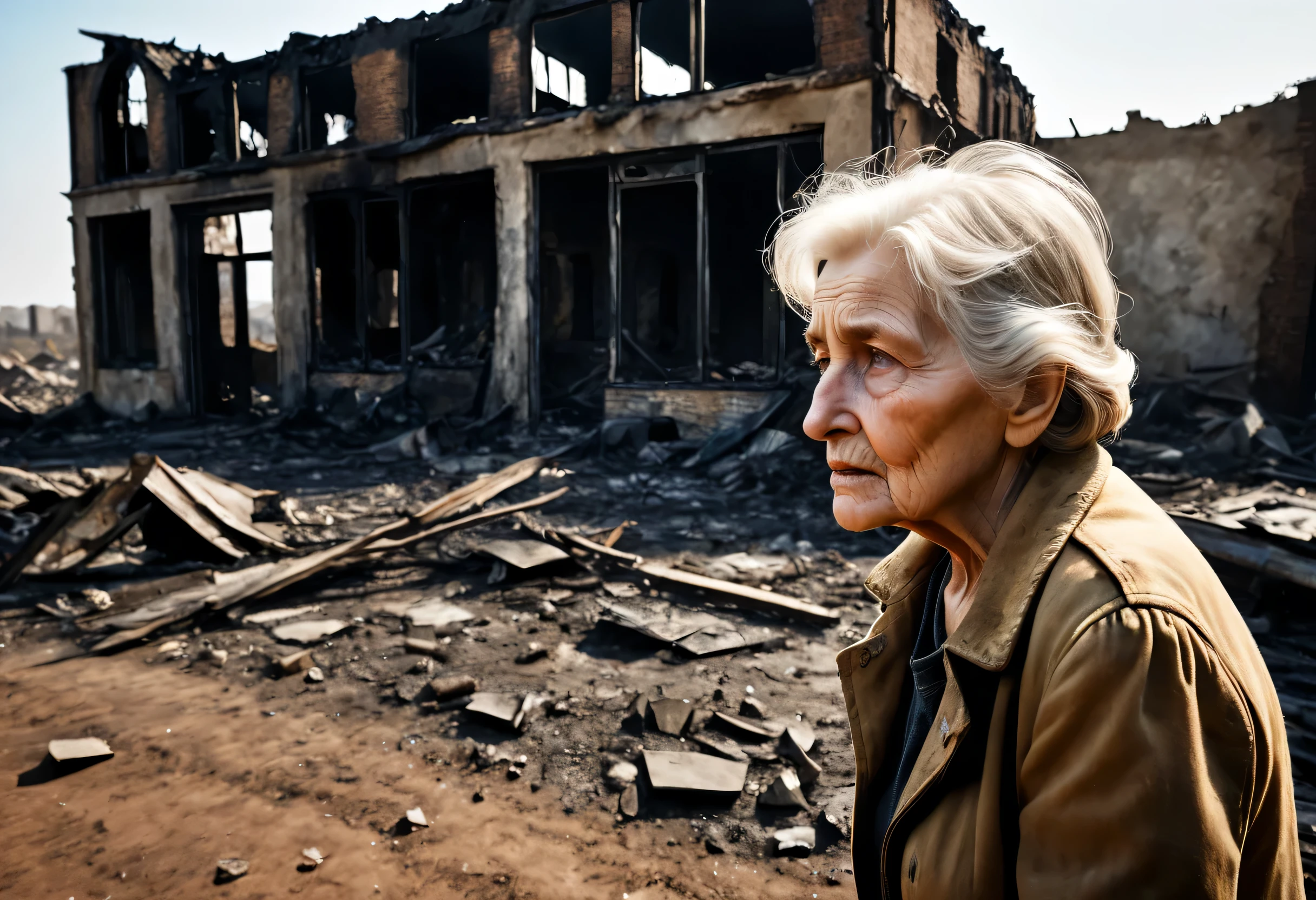 ((Wilderness Landscape Photography)),The wilderness spreads on one side,Remains of buildings,Burnt tree々,An old woman breaks down in tears in front of a burnt-out building:White:Wrinkled face:grandmother:70 years old,The World War is over,But the family members who died won&#39;t come back.,Feelings of despair,sorrow,pessimism,Longing,A scene from a movie,England,Moderately dirty,Survivors々Expressing relief and sorrow,I have to leave here soon.,farewell,hard,Photorealistic,Realistic texture,Realistic dirt,masterpiece,Intricate details,National Geographic,highest quality,Post-Apocalyptic Wasteland,Focus on the old woman,