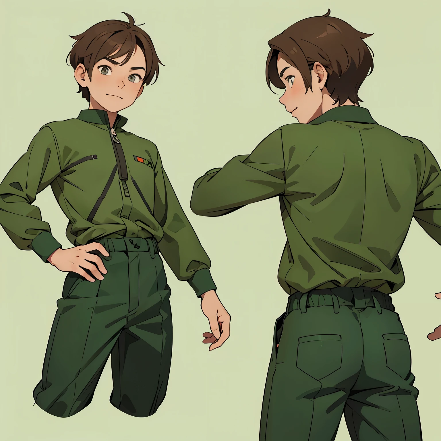 A fun and vibrant illustration of a cartoon boy with brown hair and green clothes. He is shown in multiple views, including front, side, and back, emphasizing his character base model