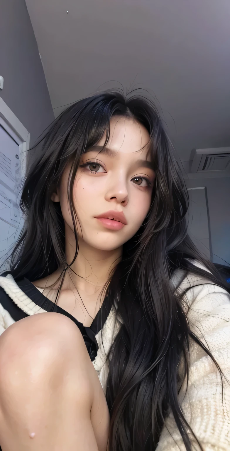 a close up of a woman with long black hair posing for a picture, she has black hair with bangs, long black hair with bangs, long dark hair with bangs, face like ester exposito, curtain bangs, hair blackbangs hair, bella poarch, black hair and large eyes, with long hair and piercing eyes, profile image, portrait sophie mudd