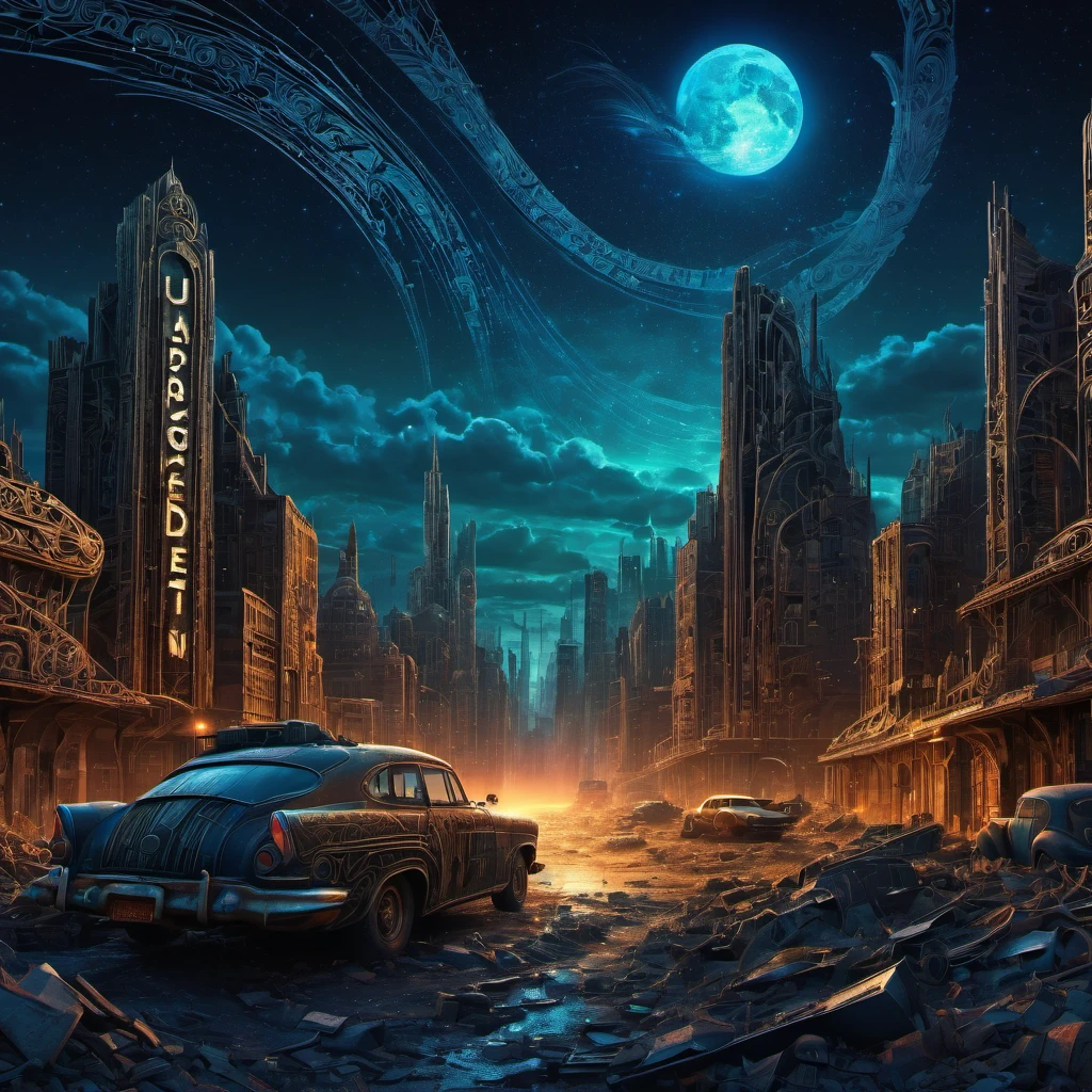 (best quality, highres, ultra sharp), magical, Post-Apocalyptic Wasteland , city, cars, people, about the curvature of Post-Apocalyptic space time, in a dark night, art deco, zentangle, 3d crunch, cinematic, extreme Post-Apocalyptic landscape