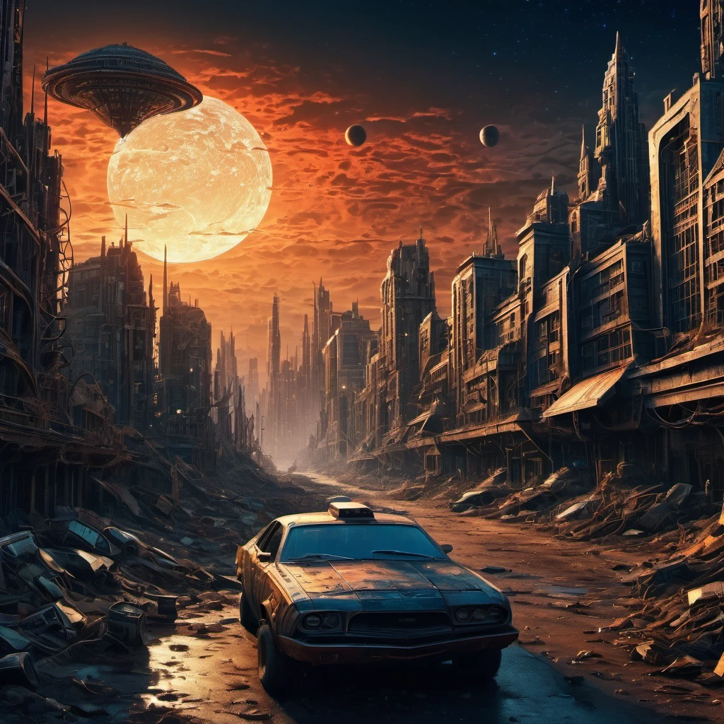 (best quality, highres, ultra sharp), magical, Post-Apocalyptic Wasteland , city, cars, people, about the curvature of Post-Apocalyptic space time, in a dark night, art deco, zentangle, 3d crunch, cinematic, extreme Post-Apocalyptic landscape