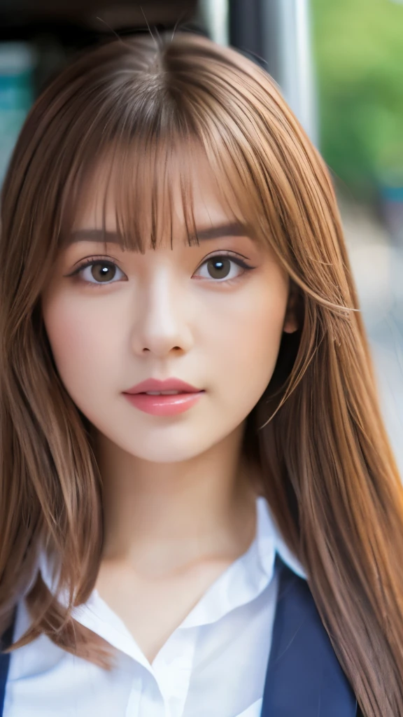 Best quality, 8k, ,Masterpiece :1.3)), facing viewer,((full body1.2)) ,pretty woman, wide shot ,1girl, , selfie , , Bus Stop,, brown hair , bangs,ultra-detailed face, highly detailed lips, detailed eyes, double eyelid